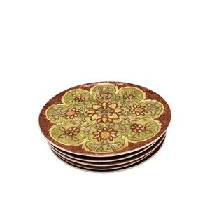 Set 6 POTTERY BARN Red Medallion 7 1/4” Porcelain Floral Dessert Salad Plates